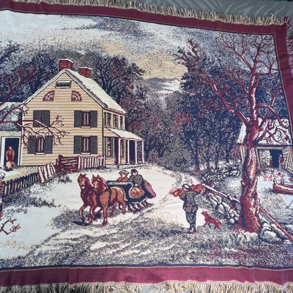 Vintage Winter Sleigh Scene Woven Tapestry Throw Blanket USA 48x60 Countryside - Picture 3 of 8